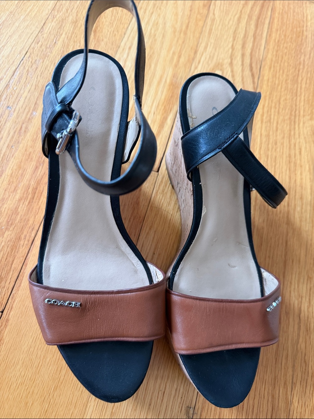 Coach Two-Tone Brown & Black Leather Wedge Sandals